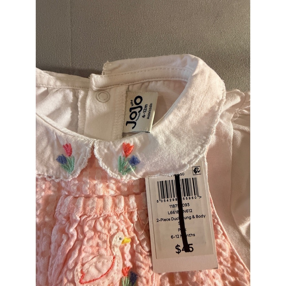 JoJo Maman Bebe Pink Seersucker Duck Overalls & Cream Top Set Baby 6-12M NWOT - Picture 2 of 3